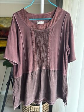 Nooshin Vintage Textured Panel Short-Sleeve Top Brown Sz S